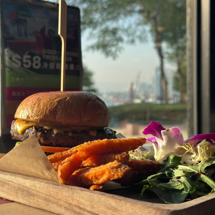 A burger and sides photographed at SSP Café