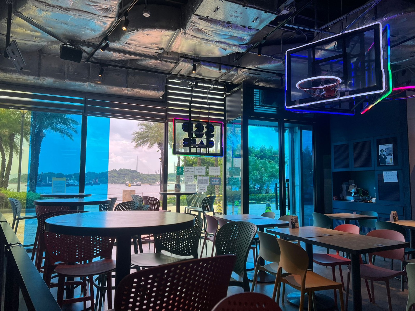 Seating and harbour views at SSP Café